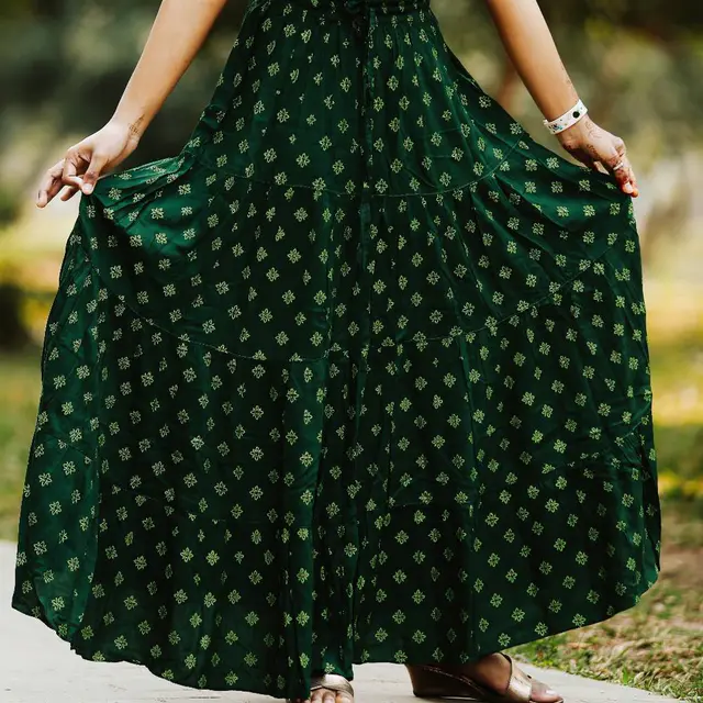 Dark Green Butti Print Linen Long Skirt