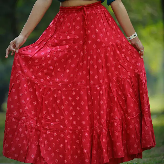Red Butti Print Linen Long Skirt