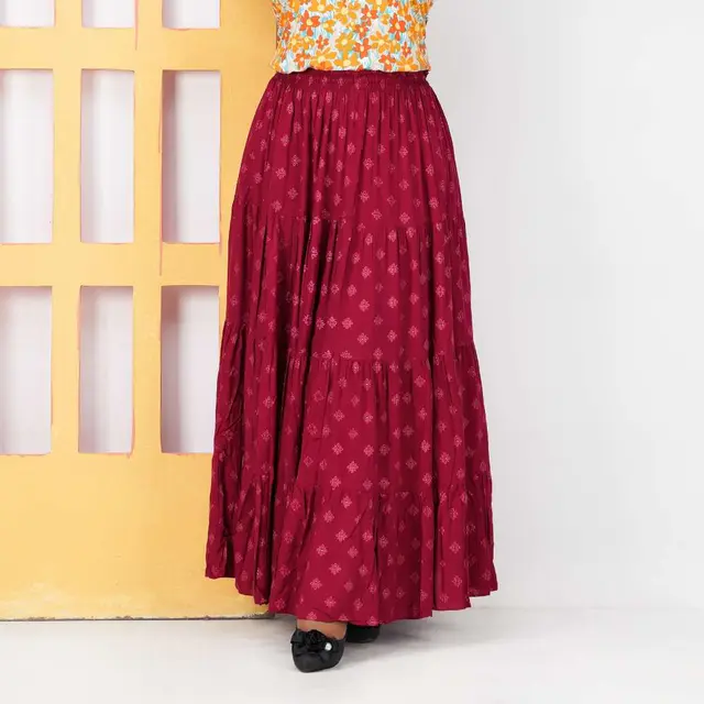 Maroon Butti Print Long Skirt