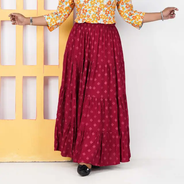 Maroon Butti Print Long Skirt for women, Chinese cotton, by Bobbin, photo 2
