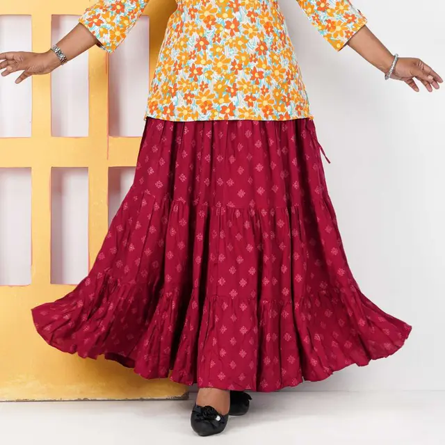 Maroon Butti Print Long Skirt for women, Chinese cotton, by Bobbin, photo 3