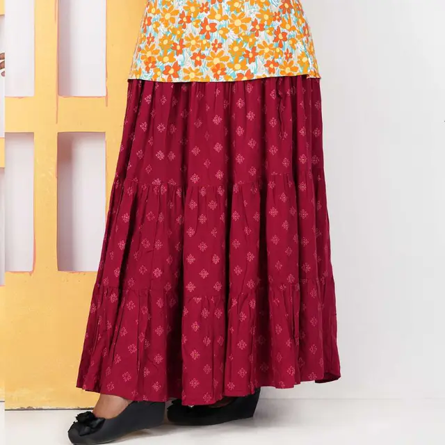 Maroon Butti Print Long Skirt for women, Chinese cotton, by Bobbin, photo 4