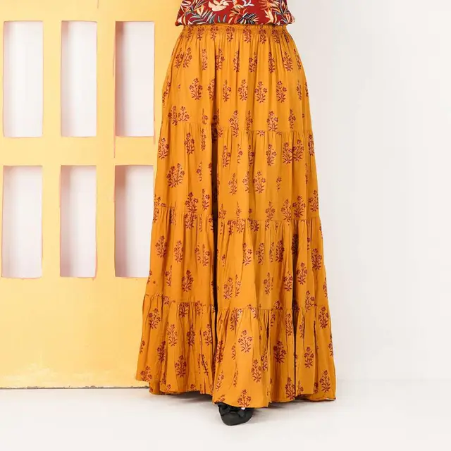 Mustard & Red Floral Print Long Skirt