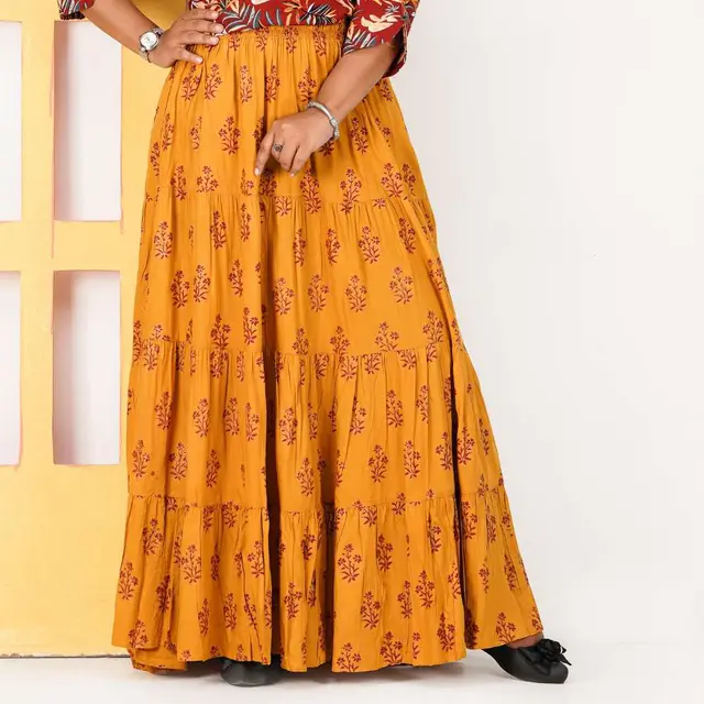 Mustard & Red Floral Print Long Skirt for women, Chinese cotton, by Bobbin, photo 2