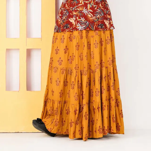 Mustard & Red Floral Print Long Skirt for women, Chinese cotton, by Bobbin, photo 3