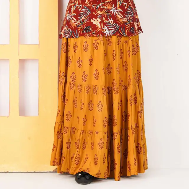 Mustard & Red Floral Print Long Skirt for women, Chinese cotton, by Bobbin, photo 4