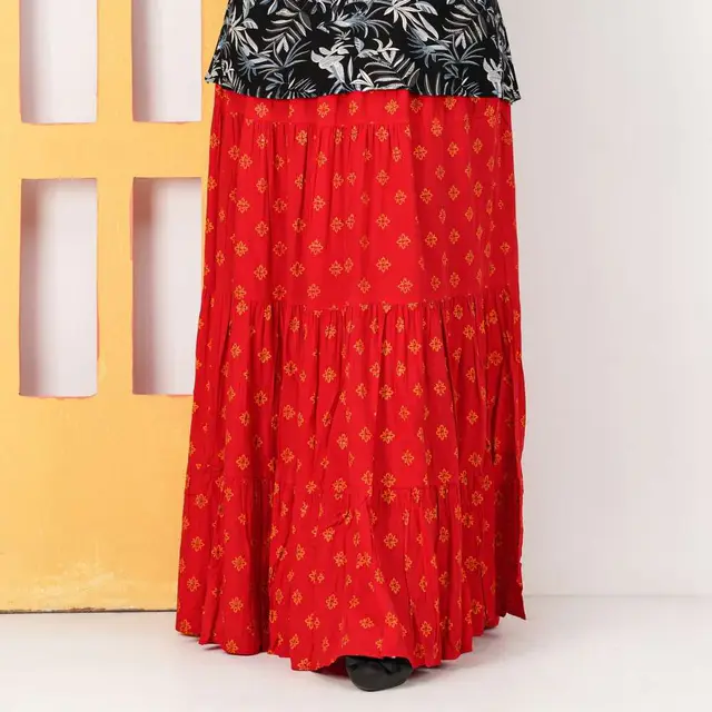 Red Butti Print Long Skirt for women, Chinese cotton, by Bobbin, photo 2