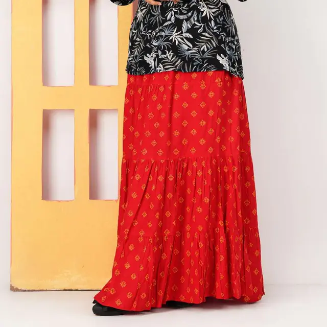 Red Butti Print Long Skirt for women, Chinese cotton, by Bobbin, photo 3