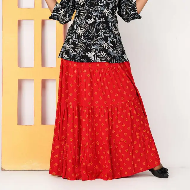 Red Butti Print Long Skirt for women, Chinese cotton, by Bobbin, photo 4