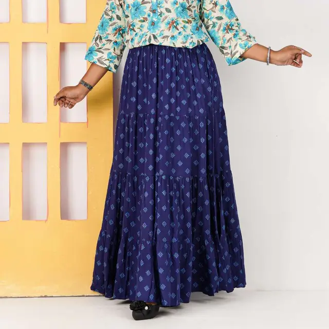 Navy Blue Butti Print Long Skirt