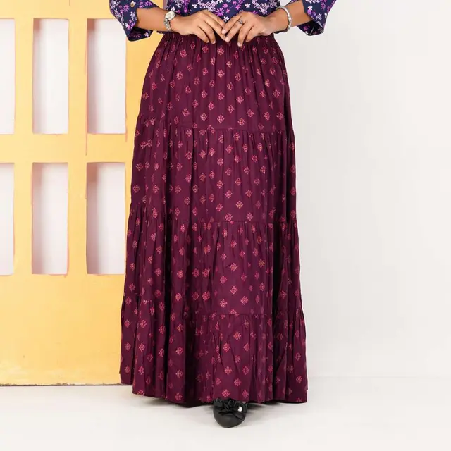 Plum Floral Print Long Skirt