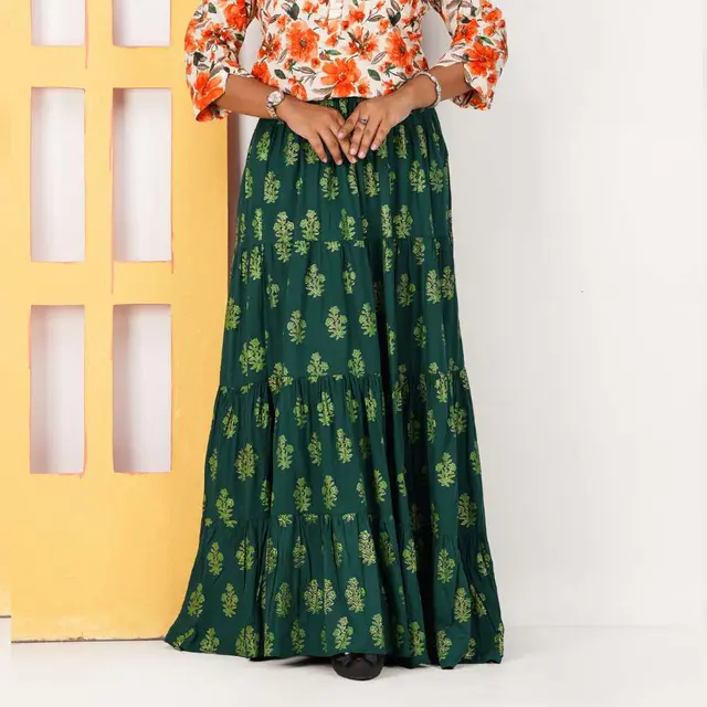 Bottle Green Golden Floral Long Skirt