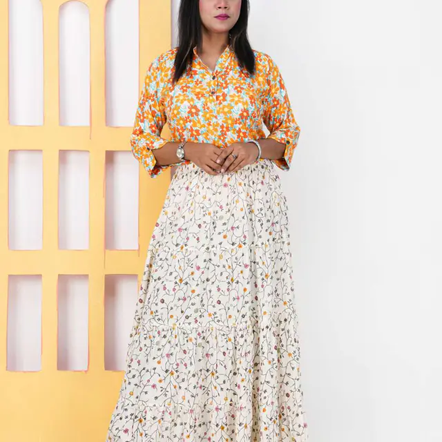 Off-White Floral Print Long Skirt for women, Chinese cotton, by Bobbin, photo 2