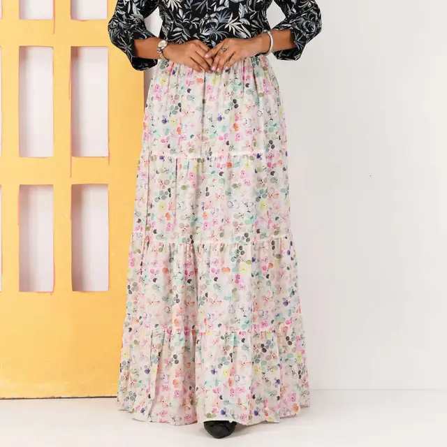 Cream Floral Print Long Skirt
