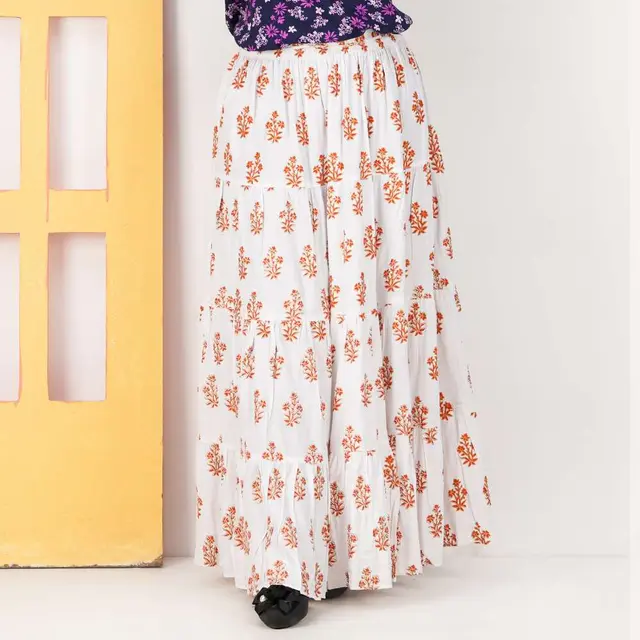 White & Orange Floral Print Long Skirt