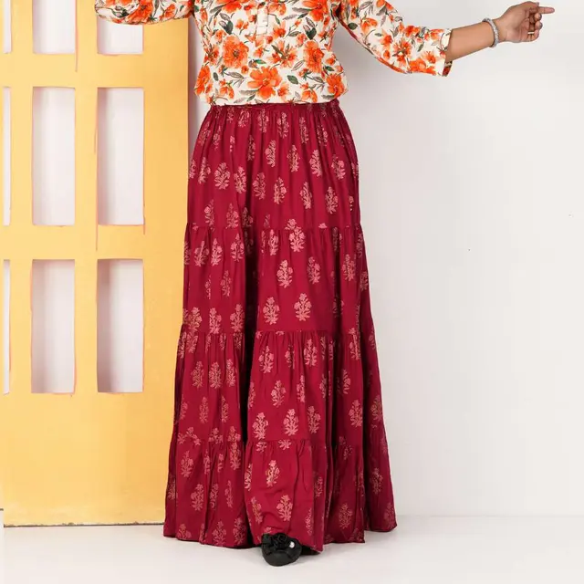 Maroon Floral Print Linen Long Skirt