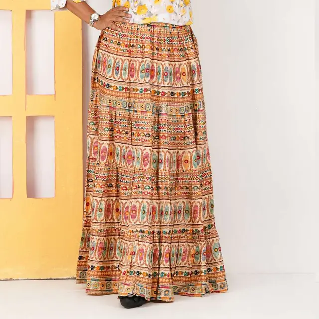Multicolour Ethnic Print Linen Long Skirt