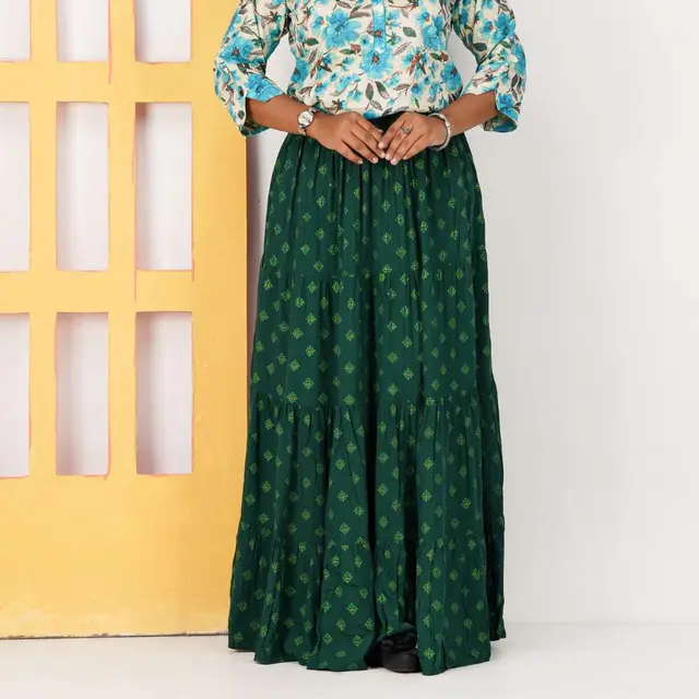 Green Butti Print Wide Long Skirt for women, Chinese cotton, by Bobbin