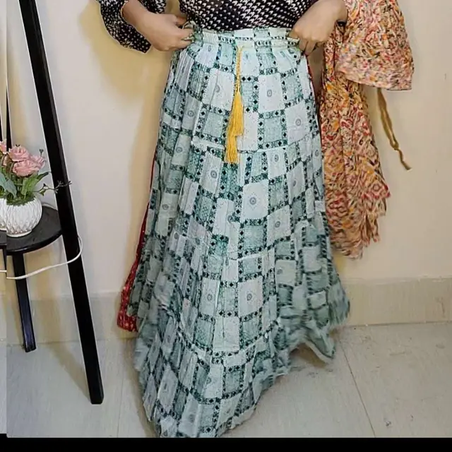 Mint Green Check Print Long Skirt