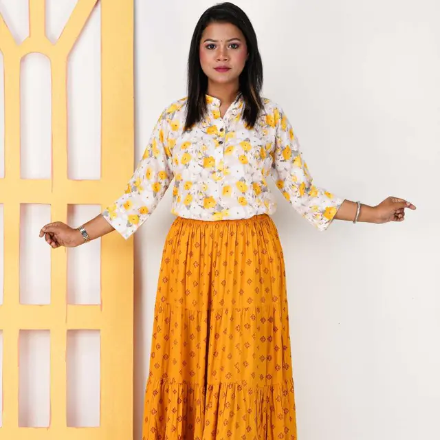 White & Yellow Floral Cotton Top for women, Chinese cotton, by Bobbin, photo 2
