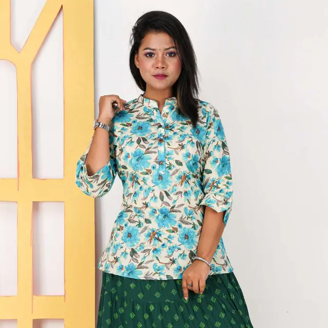 Sky Blue Floral Print Cotton Top