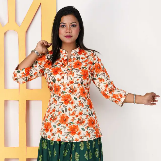 Orange Floral Print Cotton Top