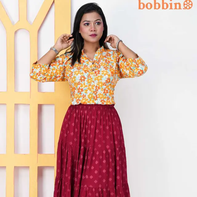 Yellow Floral Print Cotton Top for women, Chinese cotton, by Bobbin, photo 2
