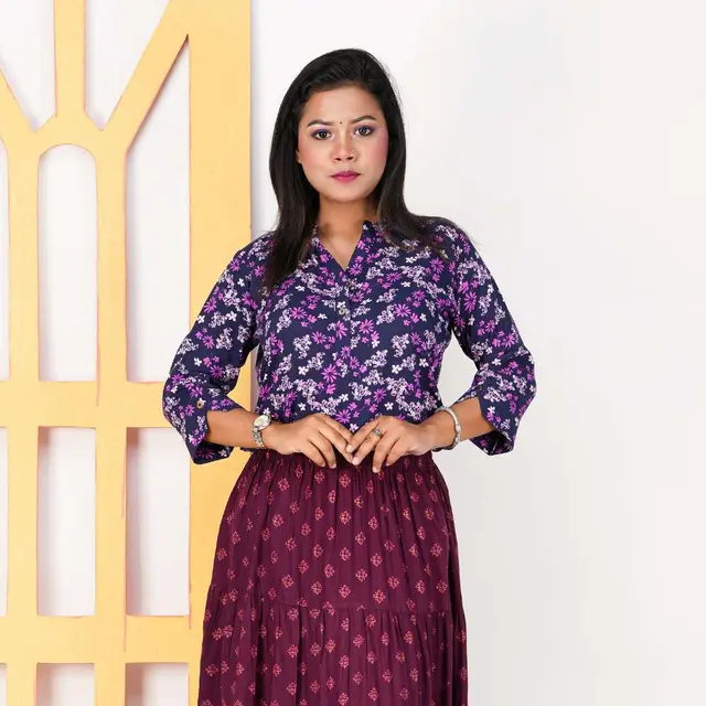 Purple Floral Print Cotton Top for women, Chinese cotton, by Bobbin, photo 2