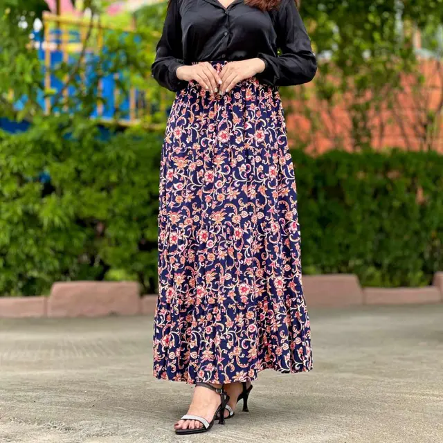 Navy & Pink Floral Print Long Skirt for women, Chinese cotton, by Bobbin, photo 2