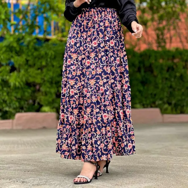 Navy & Pink Floral Print Long Skirt