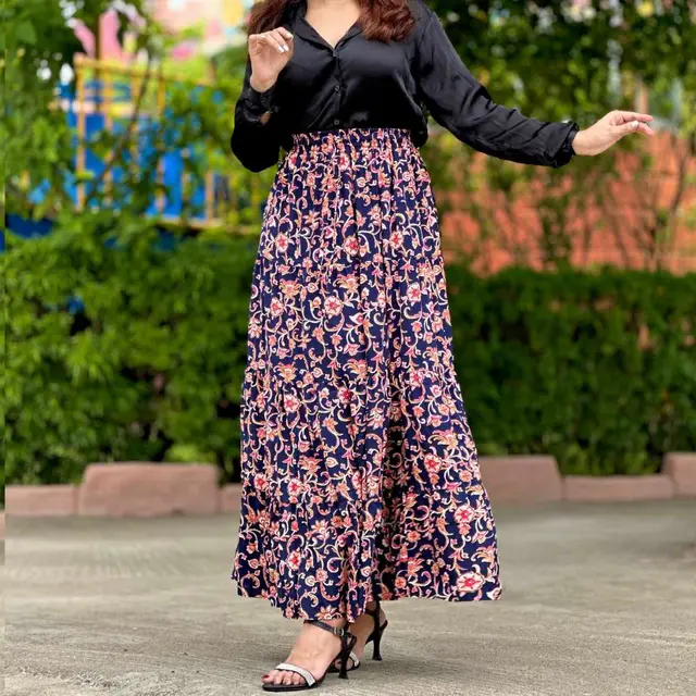 Navy & Pink Floral Print Long Skirt for women, Chinese cotton, by Bobbin, photo 3